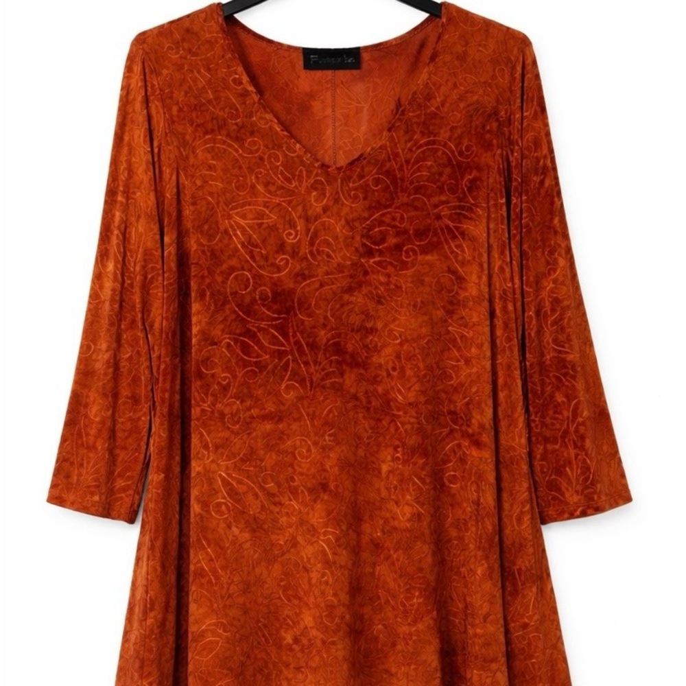 Frazzle Burnt Orange Floral Embroidered Tunic Top